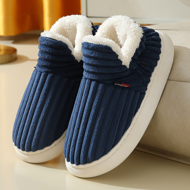 Blue fleece-lined cotton slippers with anti-slip soles, perfect for winter indoor warmth and comfort.