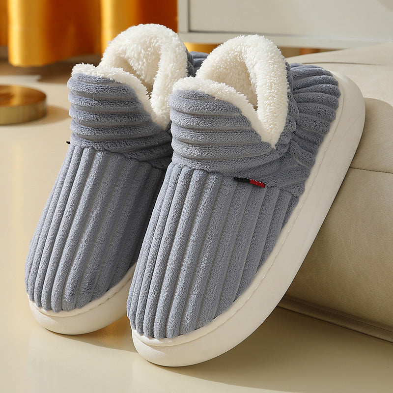 Grey fleece-lined cotton slippers with anti-slip soles for winter warmth and comfort.