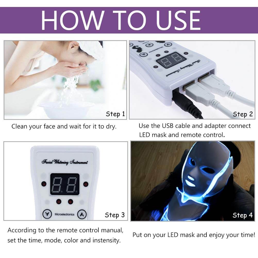 Step-by-step guide on using an LED mask, showing facial cleansing, connecting the device, setting options, and wearing the mask.