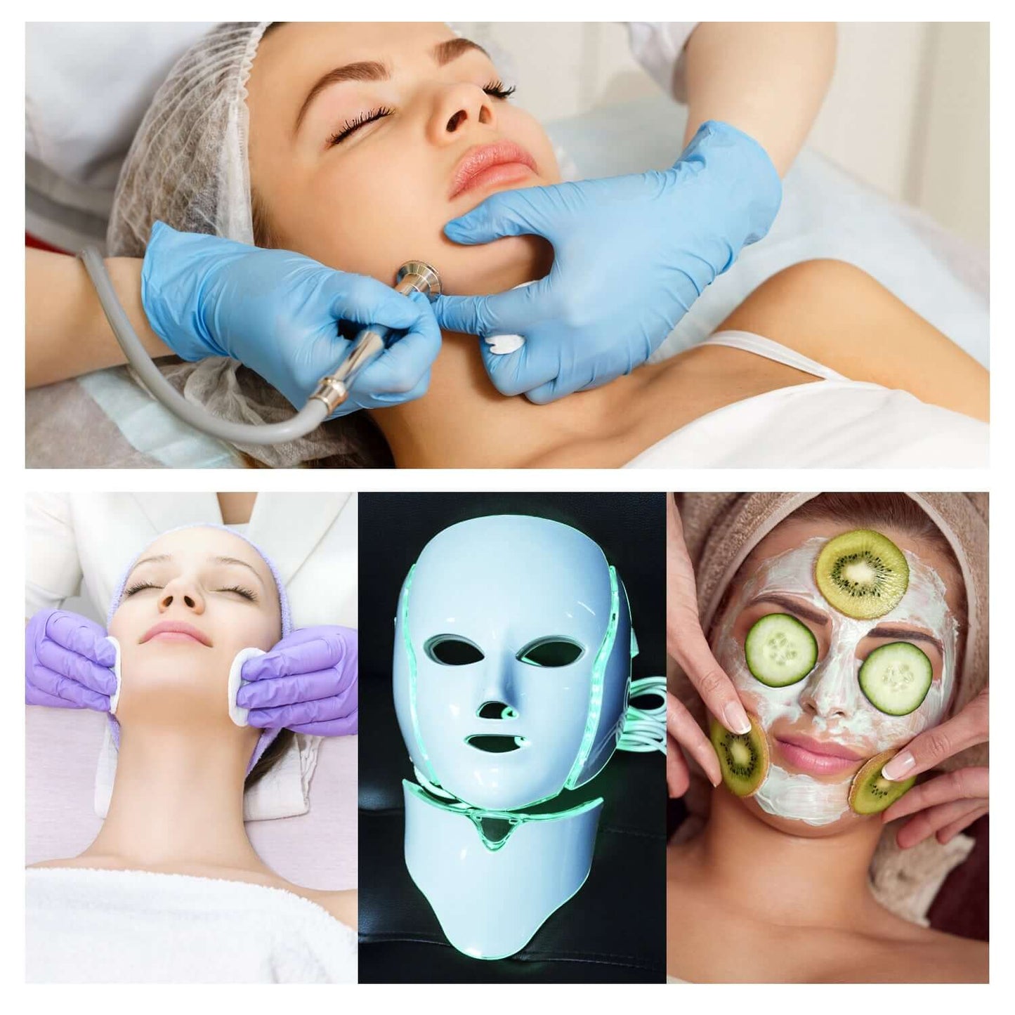 Facial care treatments including dermabrasion, LED therapy mask, and natural fruit facial in a beauty spa setting.