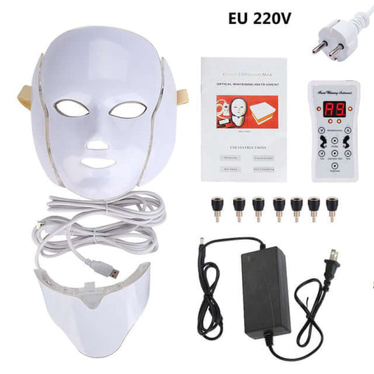 LED facial mask bundle with remote, power adapter, cables, and instruction manual for skincare treatments, EU 220V plug.