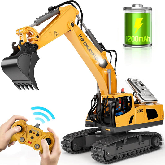 WELIN Remote Control Excavator Toys - 11CH RC Excavator with Metal Bucket, Rechargeable Construction Engineering Digger Vehicles with Lights Sound, Christmas Birthday Gift for Boys Kids Age 3+ (1:20)