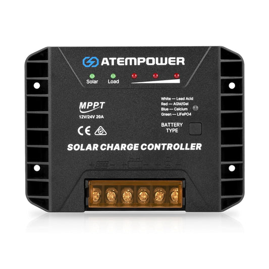 ATEM POWER 20A 12V/24V MPPT Solar Controller Selecting Battery Type Activate Lithium Battery Intelligent Solar Controller Compatible with Lead Acid, AGM, Gel, Calcium and LiFePO4 Battery