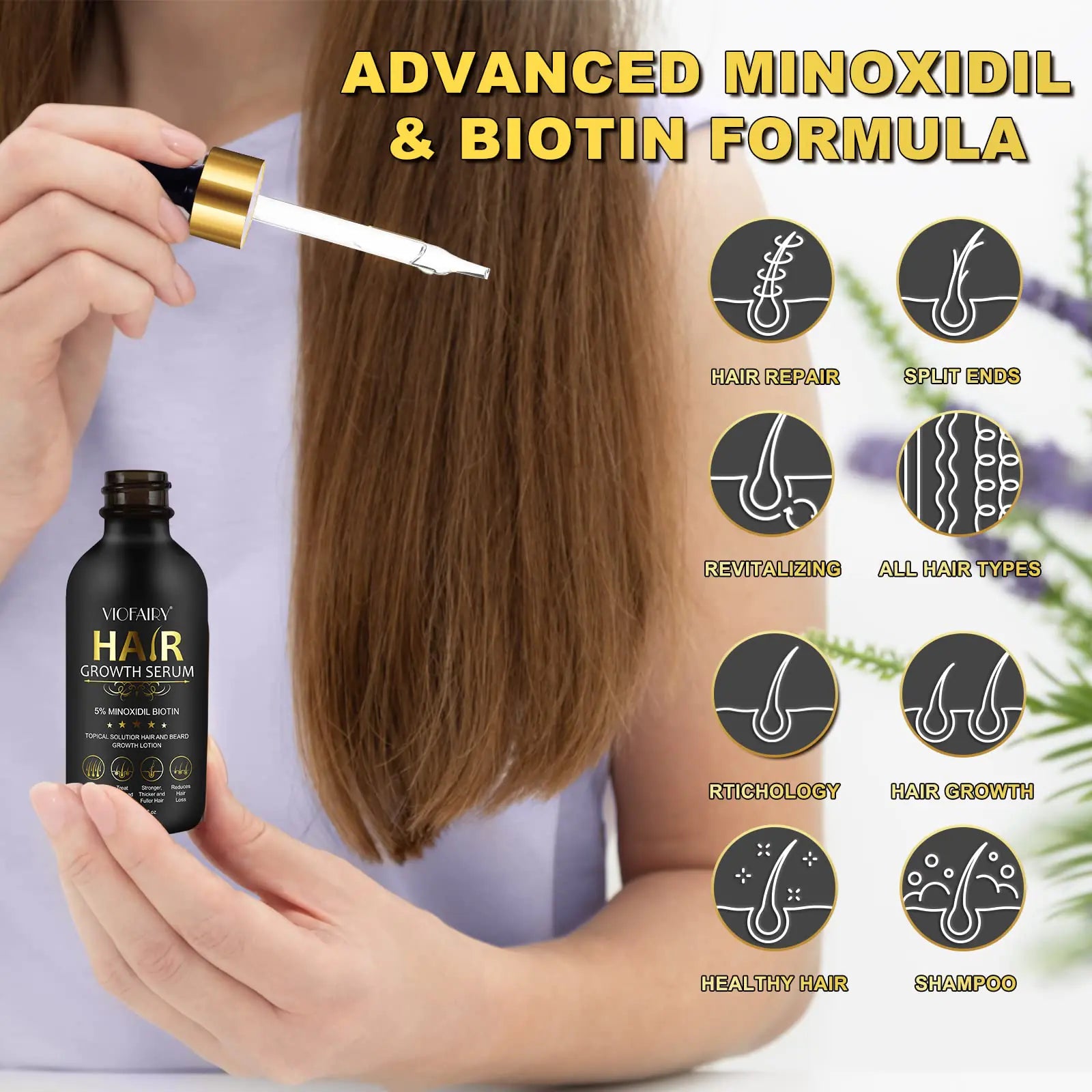 Advanced Minoxidil and Biotin Formula for Hair Repair and Growth, featuring a woman holding the serum bottle with benefits highlighted