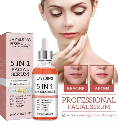 "JAYSUING 5 in 1 professional facial serum for wrinkle and black spot reduction. Before and after results shown. 30ml bottle."