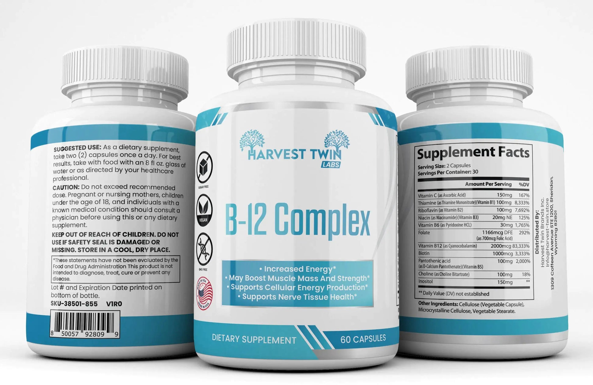 Harvest Twin Lab B-12 Complex Vitamin Supplement Bottles for Energy and Vitality Boost, 60 Capsules