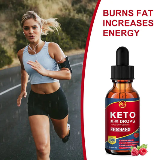 Woman jogging with a bottle of keto BHB drops shown, highlighting benefits of burning fat and increasing energy.