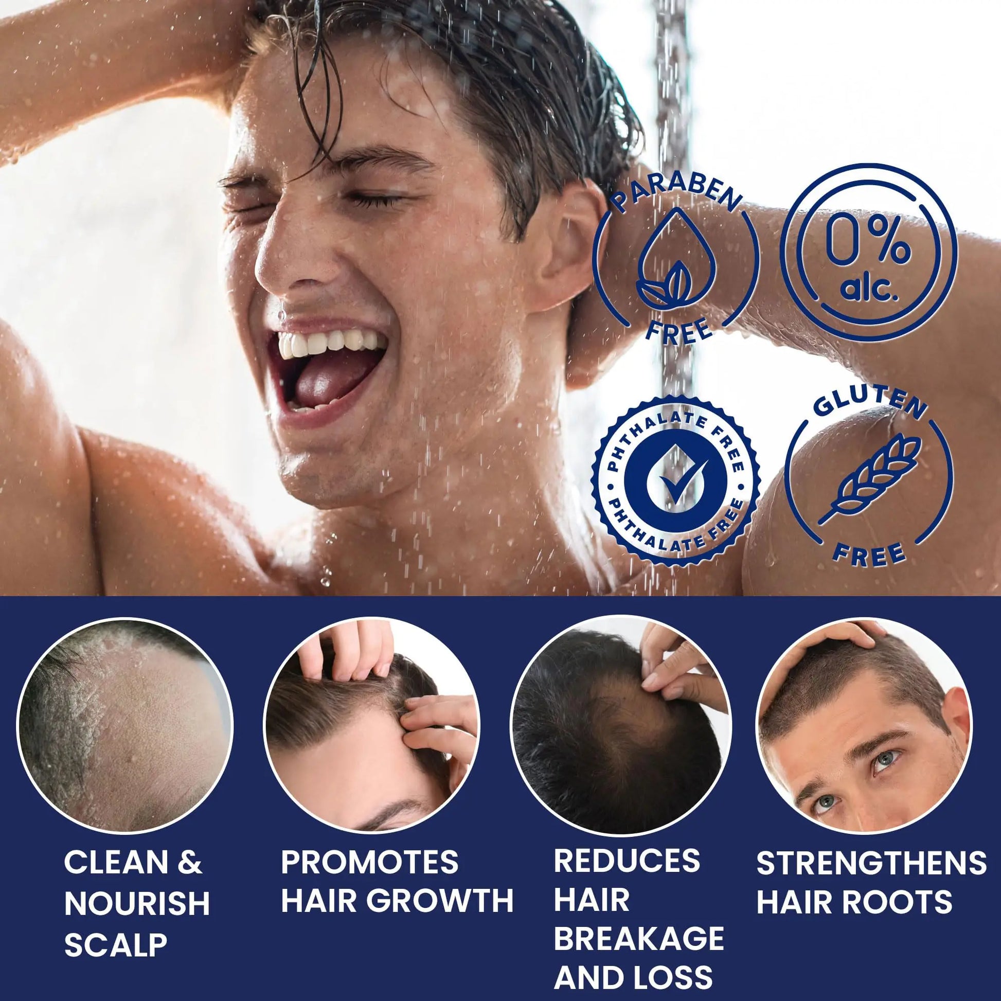 Man enjoying shower with biotin hair growth shampoo, highlighting benefits like clean scalp, hair growth, reduced breakage, and strong roots.