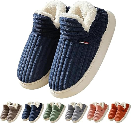 Warm indoor bedroom slippers with plush fleece lining, anti-slip soles, and various stylish colors for men and women.